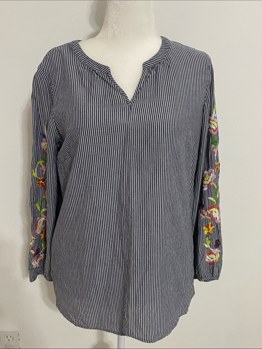 Talbots Blue and White Striped Embroidered-Sleeve Tunic